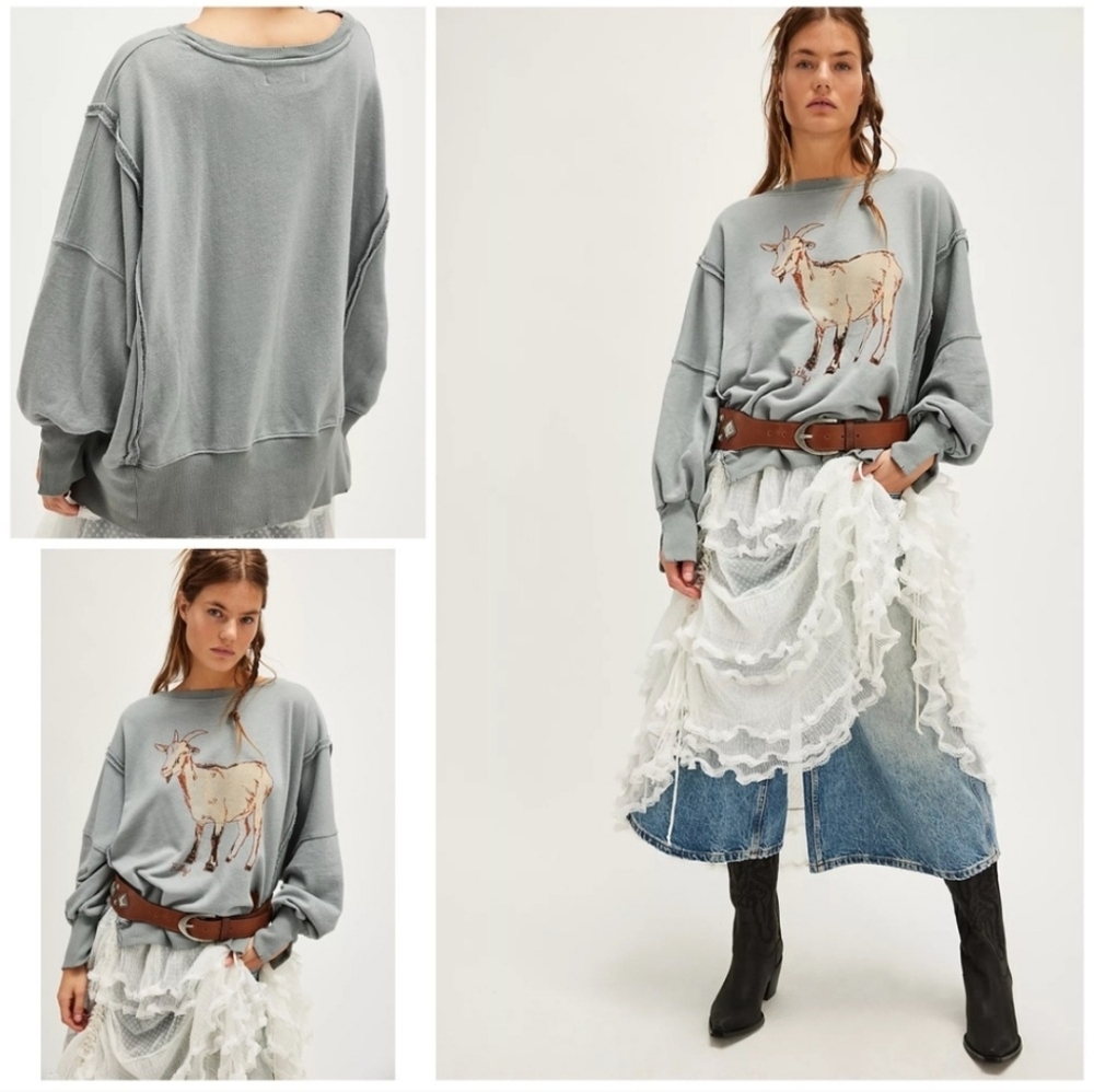 NWT Free People Camden Graphic Billy GOAT Oversized Pullover Sweatshirt - Picture 2 of 7